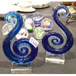 Pair of Murano glass sculptures in blue and clear glass swirls