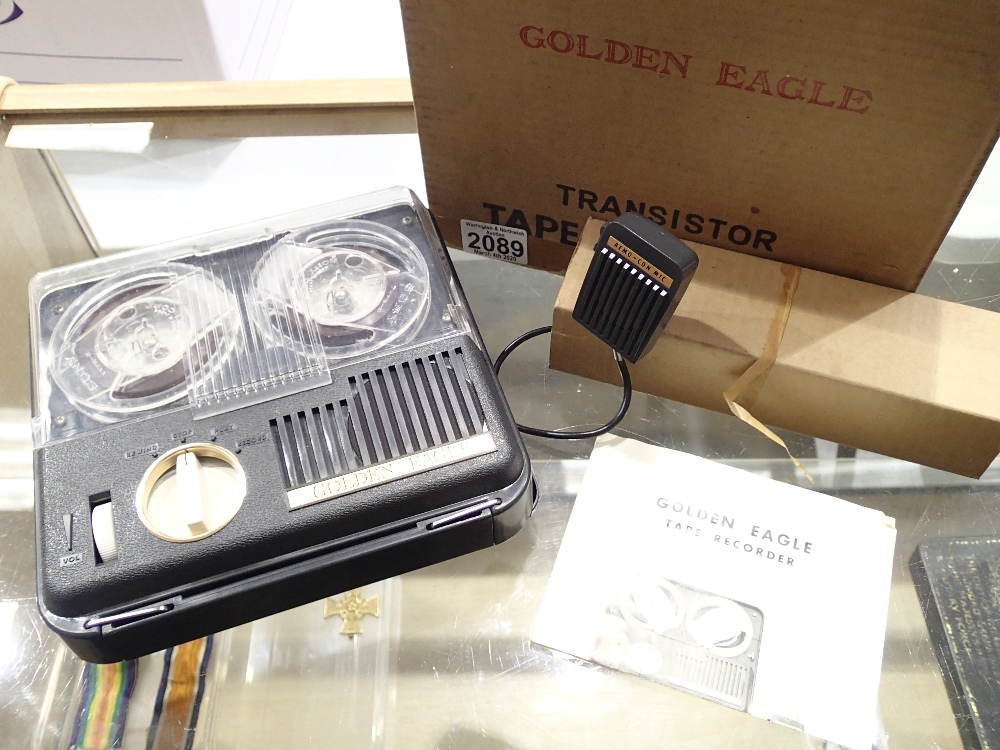 Boxed Golden Eagle battery powered reel to reel tape recorder with microphone