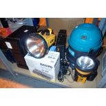 Tray of electrical items including three halogen torches, Xbox, printer,