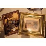 Two framed collages of vintage postcards and marquetry scene of Sorrento