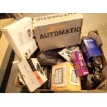 Box of vintage 35mm cameras with 80-250 zoom lens by Optimax