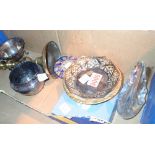 Box of mixed silver plated items and a glass paperweight