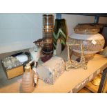 Studio glass vase, brass photo frame, light shade, costume jewellery, perfume box,