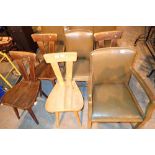 Four dining chairs plus one carver with upholstered seat and back and curved mahogany back panels