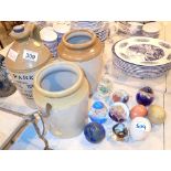 Collection of glass paperweights and stoneware jug etc
