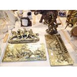 Chalk ware and ceramic plaques with a brass finish of a hunting party and ships plus horses