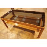 Vintage Myer type 1960/70s teak coffee table with smoked glass top H: 36 cm L: 88 cm W: 44 cm