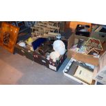 Three boxes of ceramics and glassware with a box of cutlery and silver plate