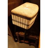 Vintage oak stool and a 1980s wicker sewing box