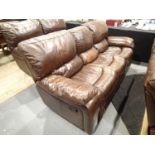 Large brown leather double recliner settee