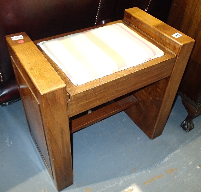 Walnut piano stool with lifting lid and one side storage panel W: 60 cm