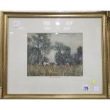 Framed and glazed watercolour painting of Countryside scene with cows, signed David A Baxter 27 x 22