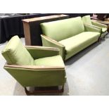 Mid Century green upholstered lounge suite by Evans of High Wycombe model LANC. CHAIR SKIDS H.3.