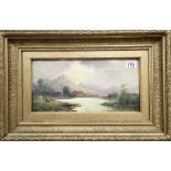 Victorian framed and glazed oil painting of River scene 39 x 19 cm