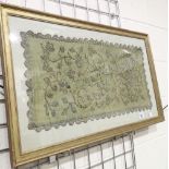 Antique embroidered pale green silk runner framed and glazed 90 x 50 cm