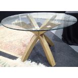 Modern oak dining table with oak base and circular glass top D: 110 cm