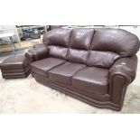 Modern brown leather three seater sofa and stool