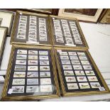 Four framed and glazed Players and Wills cigarette card displays, railway and aeroplane series 27