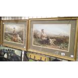 Pair of framed and glazed J Hardy Junior watercolours of hunting dog scenes 48 x 30 cm
