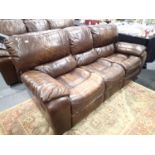 Large brown leather double recliner settee (OPTION ON NEXT LOT)