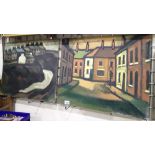 Pair of naive oils on board of buildings unsigned but allegedly by B Andrews Wigan Artist and a