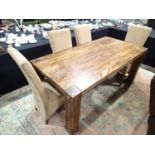 Heavy rectangular hardwood dining table and four upholstered chairs L: 180 cm