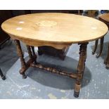 Oval inlaid occasional table with turned supports and stretchers L: 83 cm