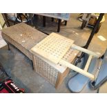 Wicker coffee table on steel frame with leaf motif decoration, a matching pine laundry box and a