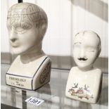 Two phrenology heads, tallest H: 25 cm