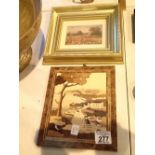 Two framed collages of vintage postcards and marquetry scene of Sorrento