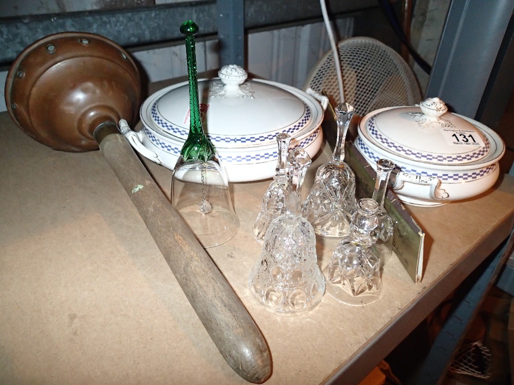 Selection of glass bells and two tureens with lids