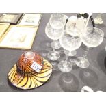 Coloured glass hat bowl and five etched wine glasses