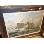 Framed and glazed sea battle print with signature and blind stamp (foxed)
