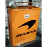 Orange McLaren 5 litre petrol can with brass cap