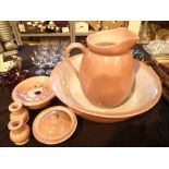 Wash bowl and jug with soap dish etc