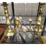 Collection of mixed brassware including candlesticks with pushes