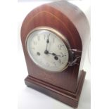 Edwardian mahogany mantel clock of lancet form with inlay chiming on gong (key in office pre lot
