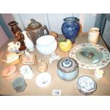 Shelf of mixed ceramics to include studio pottery