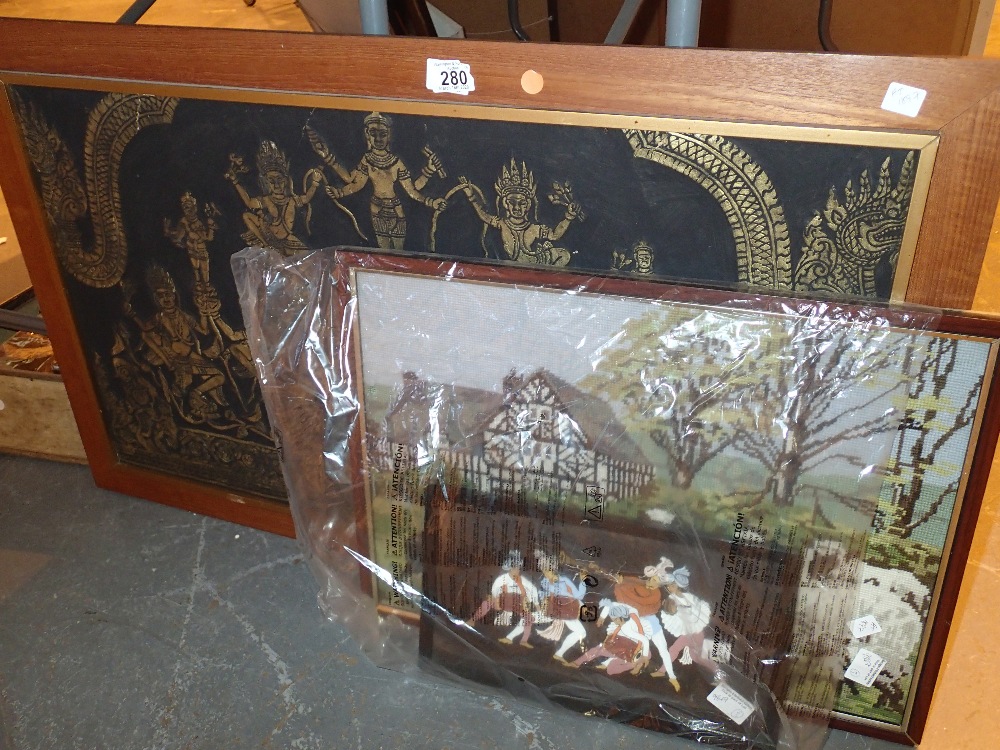 Two Indian pictures and a woolwork tapestry of house and sheep