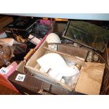 Two boxes of household ceramics with wooden bread bin and storage containers