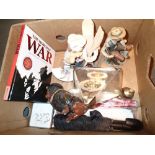 Box of various figurines, umbrella, walking sticks etc