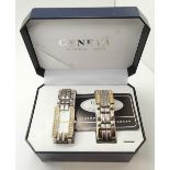 Geneva quartz dress wristwatch and bracelet in 925 silver and gilt, with a stone set dial