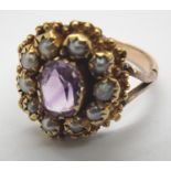 A presumed 9ct Victorian amethyst and pearl cluster ring. 4g, size P1/2