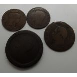 Georgian cartwheel penny and three Napoleonic coins