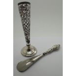 Hallmarked silver handled shoe horn and a hallmarked silver bud vase