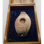 Olivewood cased Roman Byzantine oil lamp