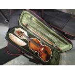 Three cased Alliere mixed violins with bows