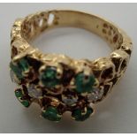 Diamond and emerald 18ct gold ring in unusual bark design size R/S 11.2g