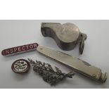 Bus Inspector enamel badge, ACME Thunderer whistle, a pipe and a smokers knife