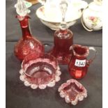 Five pieces of Cranberry glassware to include a large bell and a decanter with stopper